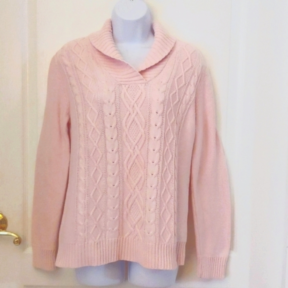 Karen Scott Soft Pink Cable knit Shawl Collar Sweater. Medium